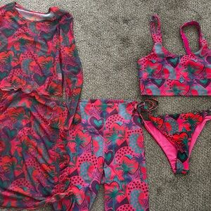 Beach Riot Vibrant Pink and Green Tropic 5piece set Swim Set, workout & cover up